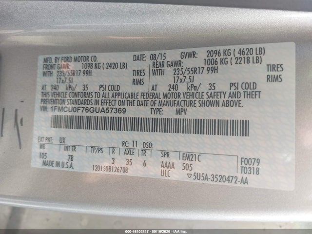 2016 Ford Escape S მანქანა იყიდება აუქციონზე, vin: 1FMCU0F76GUA57369, აუქციონის ნომერი: 46102817