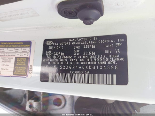 Auction sale of the 2013 Kia Optima Sx, vin: 5XXGR4A6XDG104398, lot number: 46102820