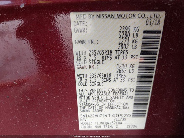 Aukcja sprzedaży 2018 Nissan Murano Sv, vin: 5N1AZ2MH7JN140570, numer aukcji: 46102826