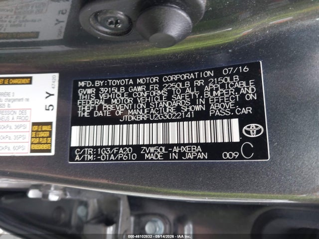 2016 Toyota Prius Two მანქანა იყიდება აუქციონზე, vin: JTDKBRFU2G3022141, აუქციონის ნომერი: 46102832