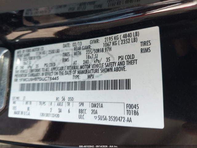 Продажа на аукционе авто 2013 Ford Escape Sel, vin: 1FMCU9H97DUC78445, номер лота: 46102842