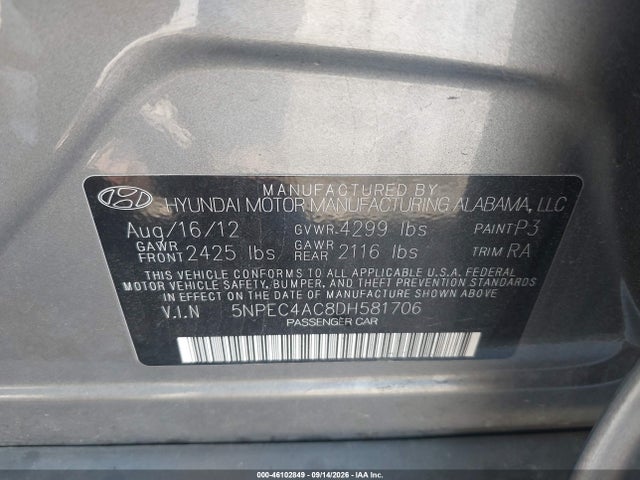 Aukcja sprzedaży 2013 Hyundai Sonata Limited, vin: 5NPEC4AC8DH581706, numer aukcji: 46102849