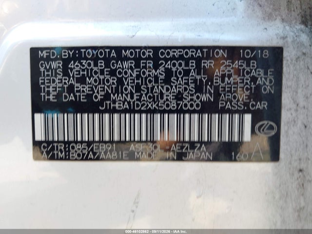 46102862 :رقم المزاد ، JTHBA1D2XK5087000 vin ، 2019 Lexus Is 300 مزاد بيع