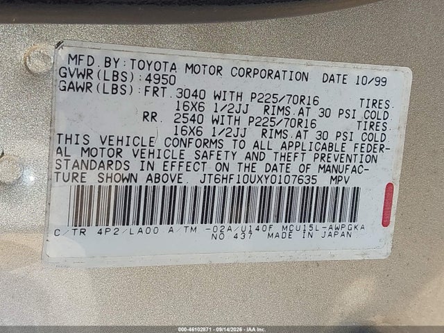 Продажа на аукционе авто 2000 Lexus Rx 300, vin: JT6HF10UXY0107635, номер лота: 46102871