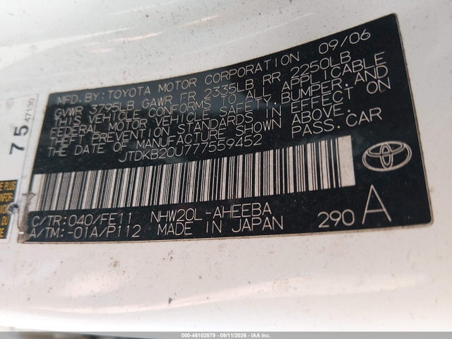Aukcja sprzedaży 2007 Toyota Prius, vin: JTDKB20U777559452, numer aukcji: 46102879