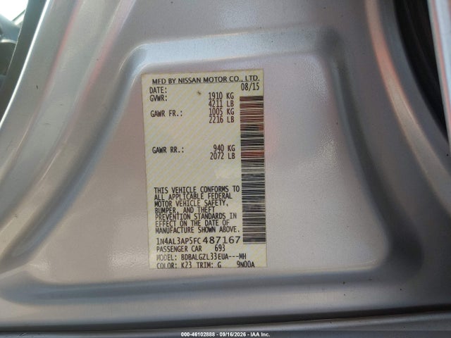 2015 Nissan Altima 2.5 S მანქანა იყიდება აუქციონზე, vin: 1N4AL3AP5FC487167, აუქციონის ნომერი: 46102888
