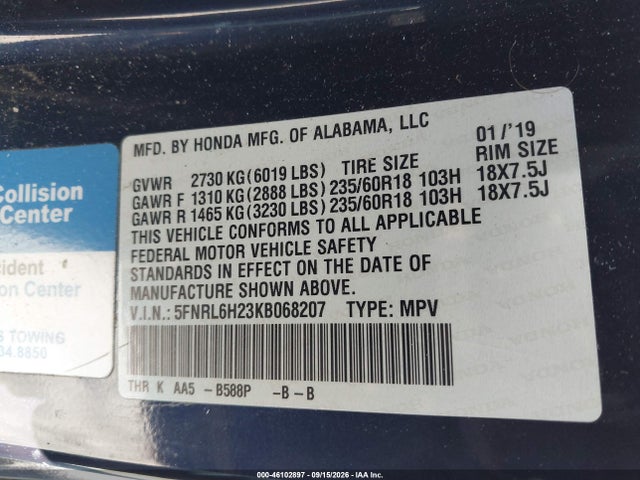Продаж на аукціоні авто 2019 Honda Odyssey Lx, vin: 5FNRL6H23KB068207, номер лоту: 46102897