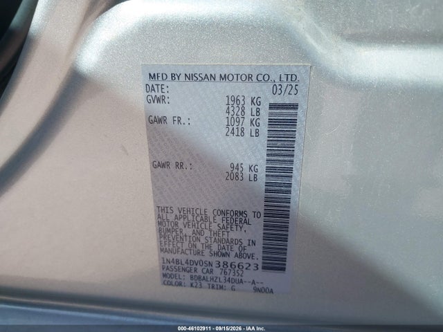 1N4BL4DV0SN386623 Nissan Altima Sv Fwd