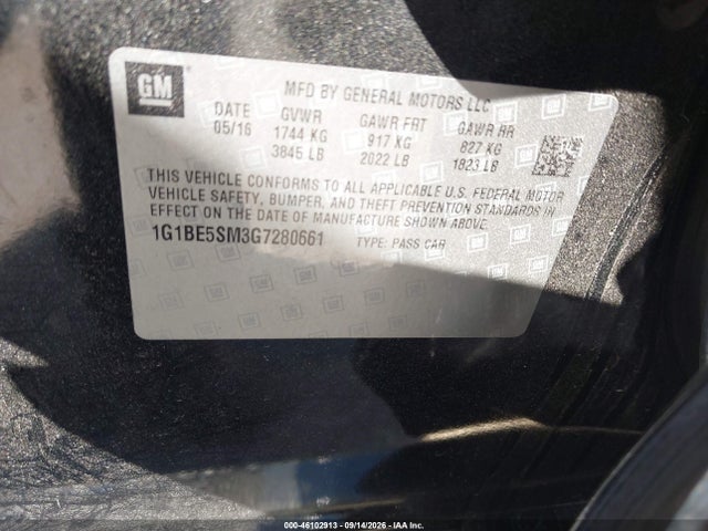 46102913 :رقم المزاد ، 1G1BE5SM3G7280661 vin ، 2016 Chevrolet Cruze Lt Auto مزاد بيع