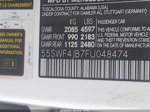 46102916 :رقم المزاد ، 55SWF4JB7FU048474 vin ، 2015 Mercedes-benz C 300 مزاد بيع