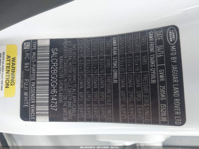Продажа на аукционе авто 2016 Land Rover Discovery Sport Hse, vin: SALCR2BG0GH614737, номер лота: 46102918