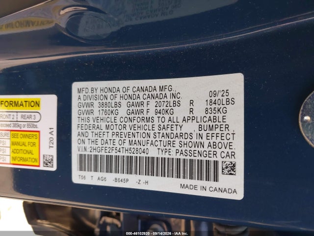 Honda Civic Sport 2026 2HGFE2F54TH528040 Image 9