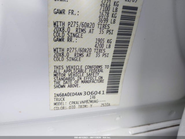 Aukcja sprzedaży 2010 Nissan Titan Le, vin: 1N6BA0ED4AN306041, numer aukcji: 46102921