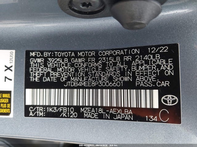 Aukcja sprzedaży 2023 Toyota Corolla Le, vin: JTDB4MEE8P3006601, numer aukcji: 46102922
