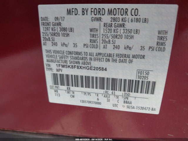 46102928 :رقم المزاد ، 1FM5K8F8XHGE20584 vin ، 2017 Ford Explorer Limited مزاد بيع
