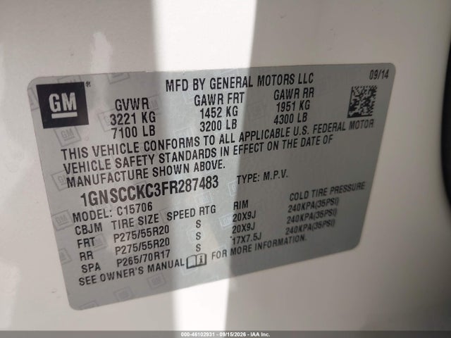Aukcja sprzedaży 2015 Chevrolet Tahoe C1500 Ltz, vin: 1GNSCCKC3FR287483, numer aukcji: 46102931