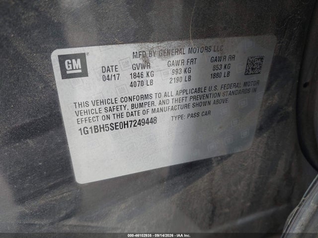 1G1BH5SE0H7249448 Chevrolet Cruze Lt Auto
