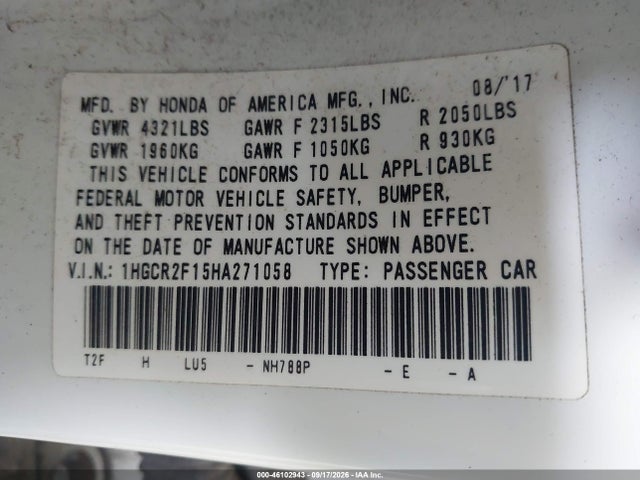 2017 Honda Accord Sport Se მანქანა იყიდება აუქციონზე, vin: 1HGCR2F15HA271058, აუქციონის ნომერი: 46102943