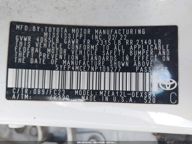 Toyota COROLLA SE 2022 5YFP4MCE7NP109277 Image 9
