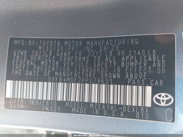Продаж на аукціоні авто 2023 Toyota Corolla Le, vin: 5YFB4MDE2PP078631, номер лоту: 46102960