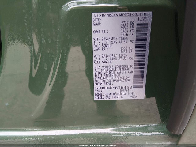 Продаж на аукціоні авто 2026 Nissan Frontier Sv 4x4, vin: 1N6ED1EK4TN616458, номер лоту: 46102967