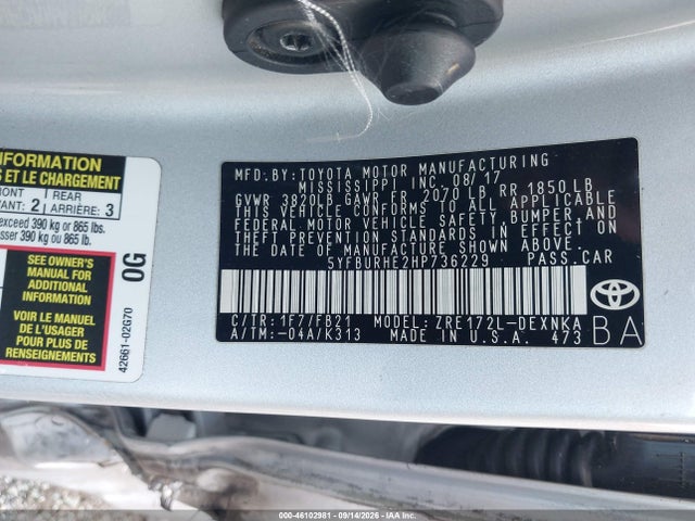 Продажа на аукционе авто 2017 Toyota Corolla Le, vin: 5YFBURHE2HP736229, номер лота: 46102981
