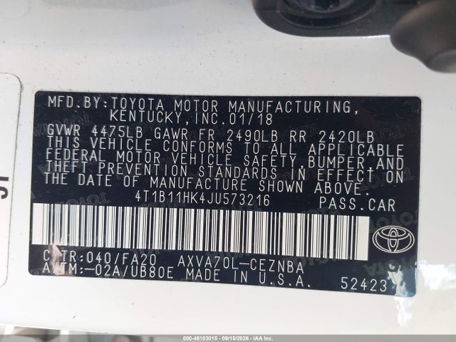 46103015 :رقم المزاد ، 4T1B11HK4JU573216 vin ، 2018 Toyota Camry Le مزاد بيع