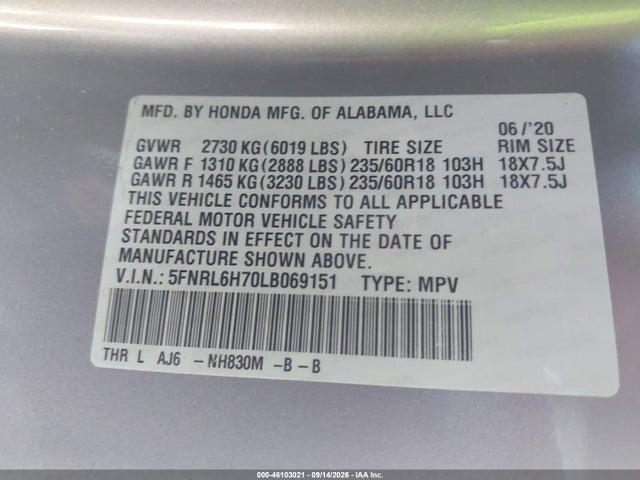 Продажа на аукционе авто 2020 Honda Odyssey Ex-l/ex-l W/navi   Res, vin: 5FNRL6H70LB069151, номер лота: 46103021