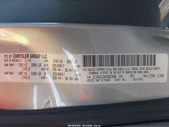 Продаж на аукціоні авто 2015 Dodge Grand Caravan Sxt, vin: 2C4RDGCG0FR623484, номер лоту: 46103026