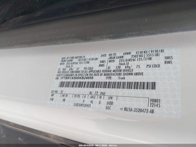46103029 :رقم المزاد ، 1FTBR1X86SKB24958 vin ، 2025 Ford Transit-250 مزاد بيع