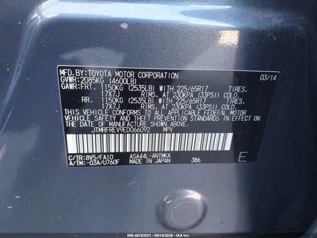 46103031 :رقم المزاد ، JTMRFREV9ED066092 vin ، 2014 Toyota Rav4 Xle مزاد بيع