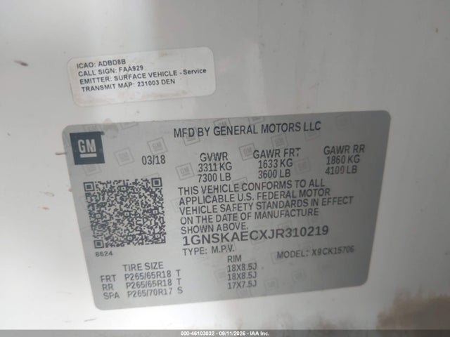 46103032 :رقم المزاد ، 1GNSKAECXJR310219 vin ، 2018 Chevrolet Tahoe Ls مزاد بيع