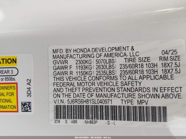 46103063 :رقم المزاد ، 5J6RS6H81SL040971 vin ، 2025 Honda Cr-v Hybrid Sport-l مزاد بيع