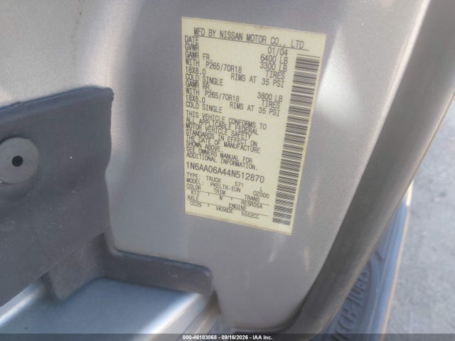 2004 Nissan Titan Se მანქანა იყიდება აუქციონზე, vin: 1N6AA06A44N512870, აუქციონის ნომერი: 46103068