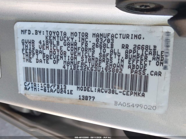 Продаж на аукціоні авто 2003 Toyota Camry Le, vin: 4T1BE32K63U195802, номер лоту: 46103080