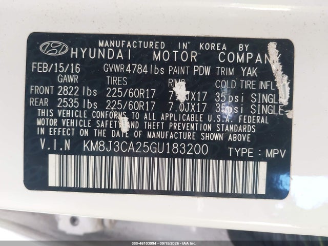 46103094 :رقم المزاد ، KM8J3CA25GU183200 vin ، 2016 Hyundai Tucson Eco مزاد بيع