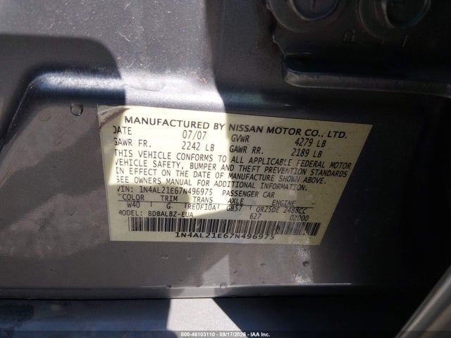 Продажа на аукционе авто 2007 Nissan Altima 2.5 S, vin: 1N4AL21E67N496975, номер лота: 46103110
