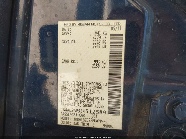 Aukcja sprzedaży 2011 Nissan Altima 2.5 S, vin: 1N4AL2AP3BN512589, numer aukcji: 46103111
