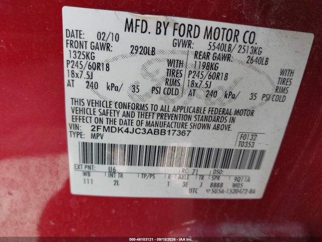 Продажа на аукционе авто 2010 Ford Edge Sel, vin: 2FMDK4JC3ABB17367, номер лота: 46103121