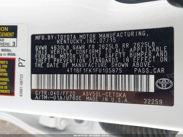 46103129 :رقم المزاد ، 4T1BF1FK1FU105875 vin ، 2015 Toyota Camry Se مزاد بيع