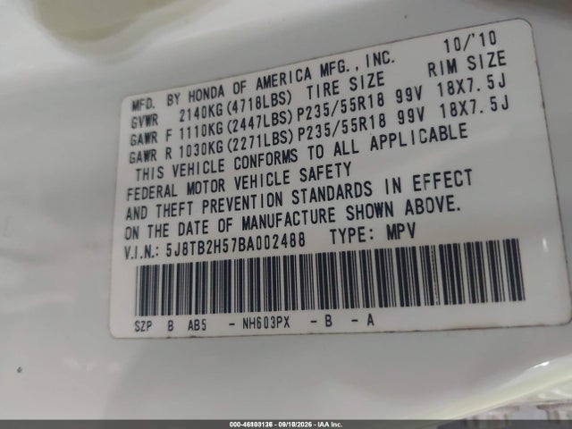 Auction sale of the 2011 Acura Rdx, vin: 5J8TB2H57BA002488, lot number: 46103136