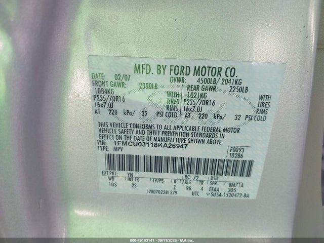46103141 :رقم المزاد ، 1FMCU03118KA26947 vin ، 2008 Ford Escape Xlt مزاد بيع