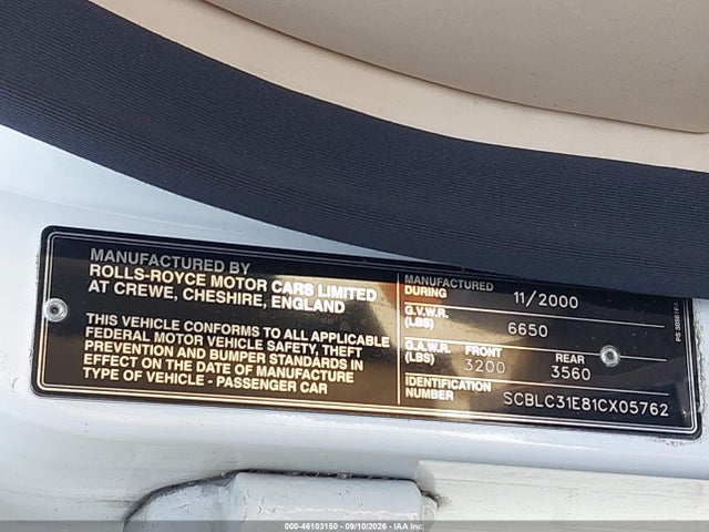 46103150 :رقم المزاد ، SCBLC31E81CX05762 vin ، 2001 Bentley Arnage مزاد بيع