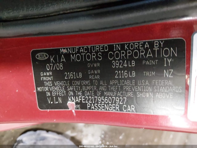 Auction sale of the 2009 Kia Spectra Ex, vin: KNAFE221795607927, lot number: 46103165