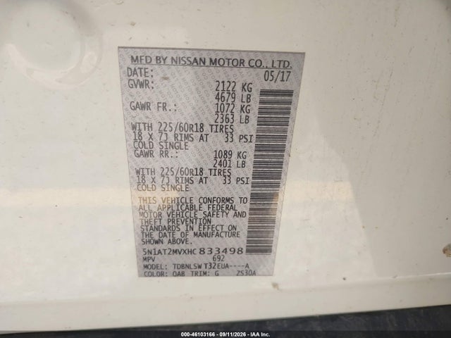 2017 Nissan Rogue Sl მანქანა იყიდება აუქციონზე, vin: 5N1AT2MVXHC833498, აუქციონის ნომერი: 46103166