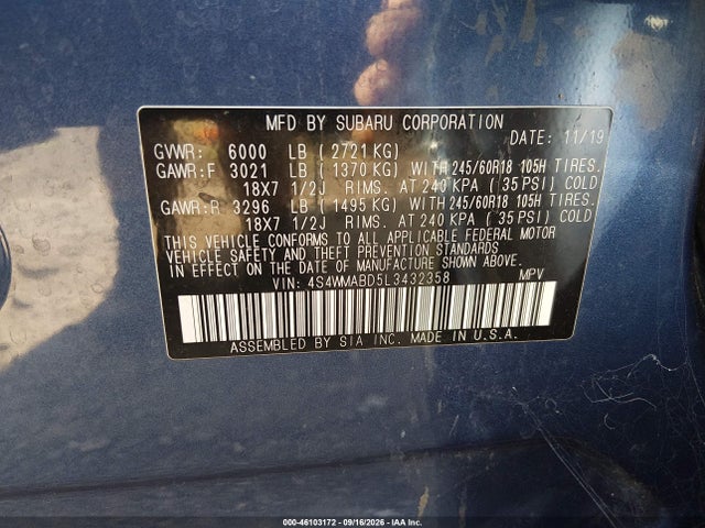 46103172 :رقم المزاد ، 4S4WMABD5L3432358 vin ، 2020 Subaru Ascent Premium مزاد بيع