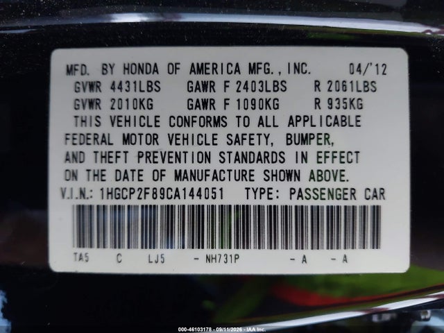 Aukcja sprzedaży 2012 Honda Accord Exl, vin: 1HGCP2F89CA144051, numer aukcji: 46103178