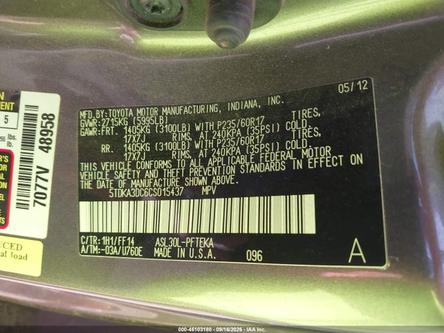 46103180 :رقم المزاد ، 5TDKA3DC6CS015437 vin ، 2012 Toyota Sienna Base 7 Passenger مزاد بيع