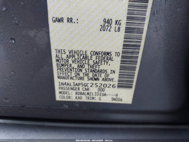 Продажа на аукционе авто 2016 Nissan Altima 2.5 Sv, vin: 1N4AL3AP5GC252026, номер лота: 46103184