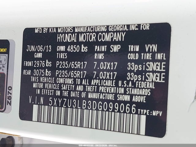 2013 Hyundai Santa Fe Sport მანქანა იყიდება აუქციონზე, vin: 5XYZU3LB3DG099066, აუქციონის ნომერი: 46103185